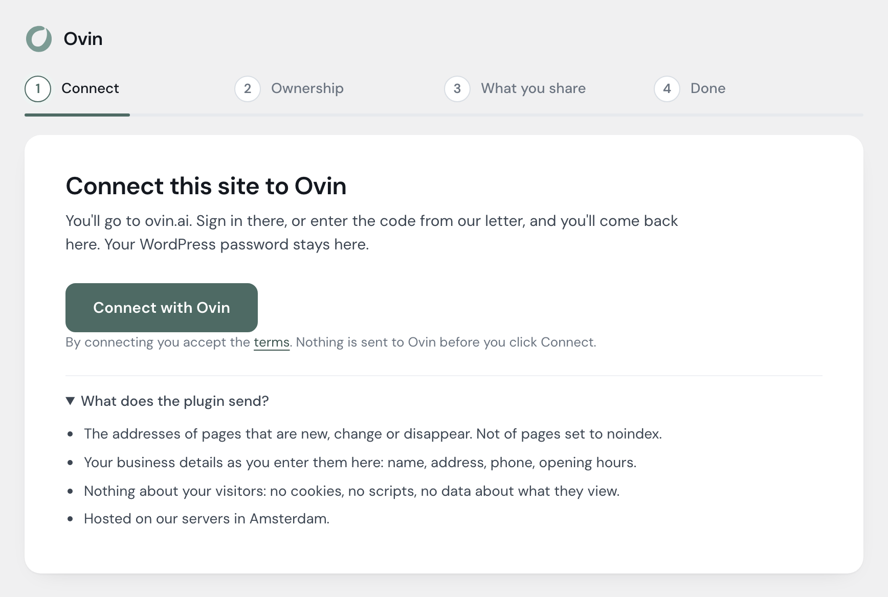 The Connect step in the plugin, with the button Connect with Ovin