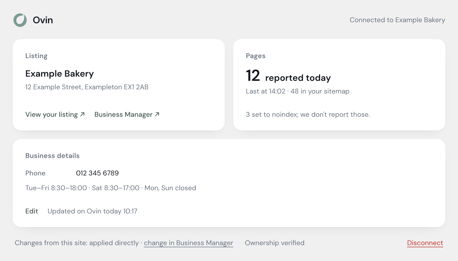 The plugin's overview: listing, pages and business details