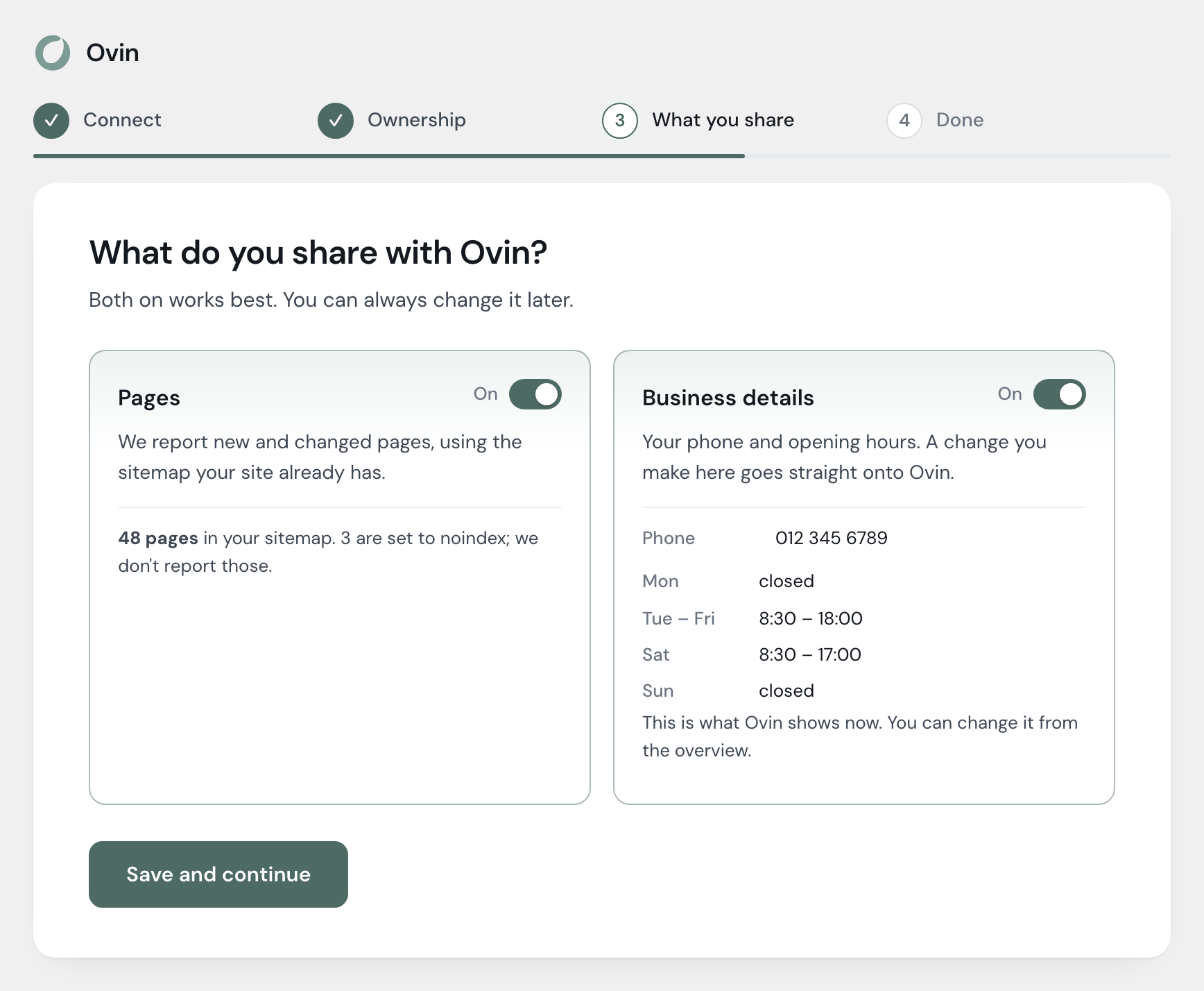 The step What you share, with the switches Pages and Business details